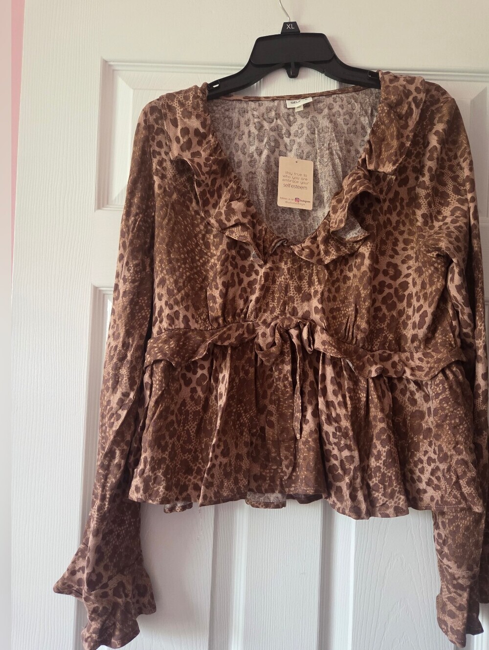 Self Esteem Brown Leopard Ruffle Blouse Size XL ( Juniors ) NWT
